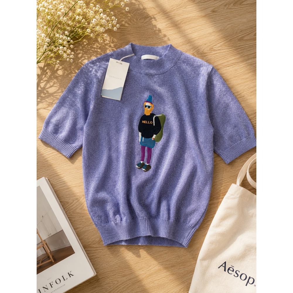 Namugrim Purple Metallic Knit Short Sleeve Sweater Hello Character Mock Neck NEW